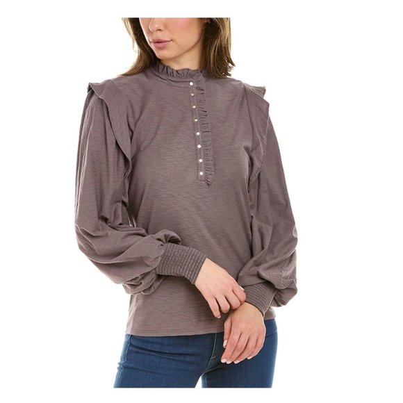 Nation LTD Tops - NATION LTD Margaux Victorian Henley Pima Cotton Snap Ruffle Top sz L Gray